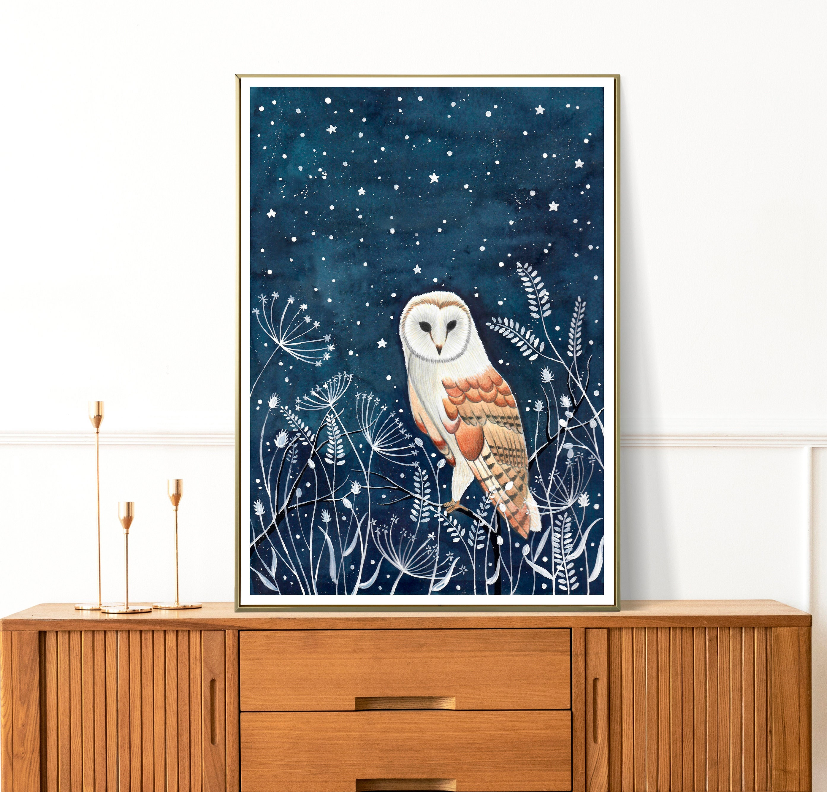Owl paintings, Winter poster, Celestial wall art, Night sky print, Barn owl drawing, Woodland painting, Forest baby illustrations