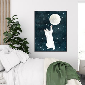 Cat and moon print, White cat painting, Kitten wall art, Animal illustration, Pet portrait, Moon artwork, Celestial wall decor, Kids poster image 2