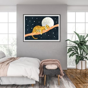 May include: A watercolor illustration of a tiger sleeping on a branch under a full moon with a starry night sky background.
