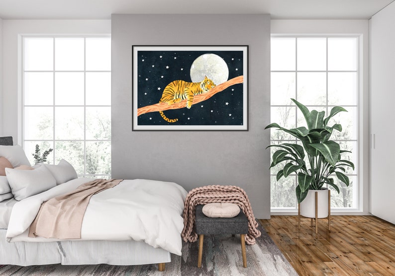 May include: A watercolor illustration of a tiger sleeping on a branch under a full moon with a starry night sky background.