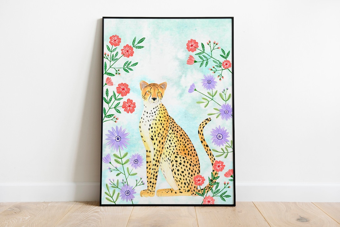 Cheetah Wall Art, Jungle Illustration, Cheetah Painting, Botanical