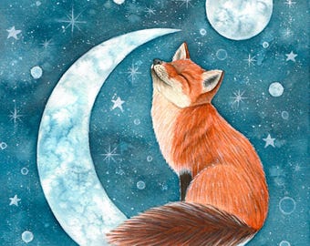 Fox on a starry night watercolor art print, Celestial nursery wall decor, Whimsical woodland animal poster, Baby shower gifts
