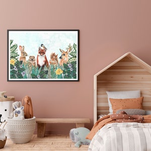 May include: A framed watercolor illustration of a fox, deer, rabbit, squirrel, and bird in a forest setting. The animals are surrounded by green leaves and yellow flowers.