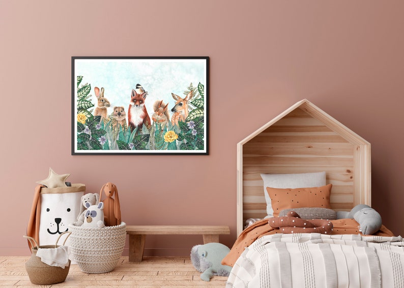 May include: A framed watercolor illustration of a fox, deer, rabbit, squirrel, and bird in a forest setting. The animals are surrounded by green leaves and yellow flowers.