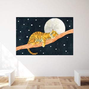 May include: A watercolor illustration of a tiger sleeping on a branch under a full moon and a starry night sky.
