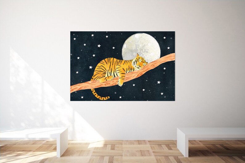 May include: A watercolor illustration of a tiger sleeping on a branch under a full moon and a starry night sky.