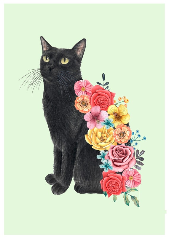 黒猫の花柄アートプリント、子猫のイラスト、女の子の部屋の装飾