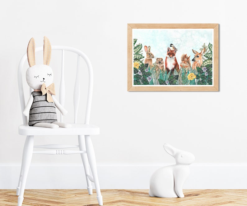 May include: A watercolor illustration of a fox, rabbit, deer, and squirrel surrounded by green leaves and yellow flowers. The animals are standing in a forest setting.