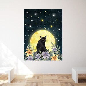 Black cat wall art, Mystic art print, Kitten illustration, Cat themed gifts, Magic painting, Pet portrait, Moon artwork, Fantasy prints image 2