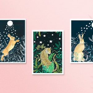 Christmas Cards Pack of 10, Set greeting card, Hare cards, Night sky painting, Fox illustration, Holiday card, Moon and stars artwork image 7