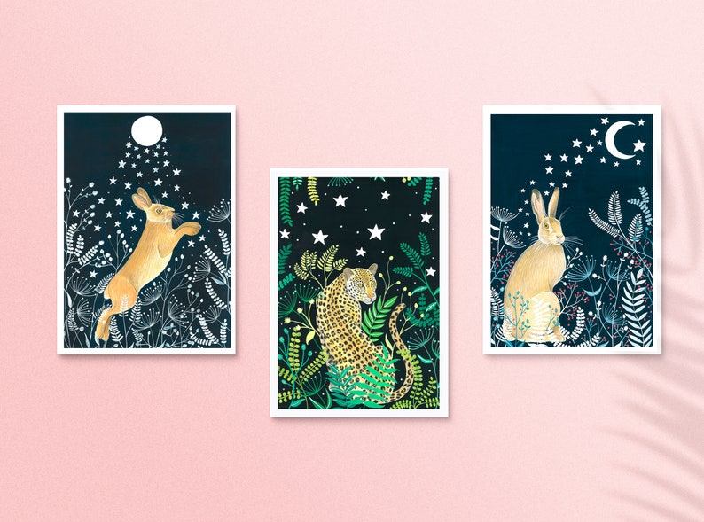 Christmas Cards Pack of 10, Set greeting card, Hare cards, Night sky painting, Fox illustration, Holiday card, Moon and stars artwork image 7