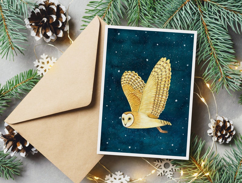 Christmas cards pack, 12 Greeting cards forest animals, starry sky painting, night animal artwork, Holiday card set, Illustrated cards image 1