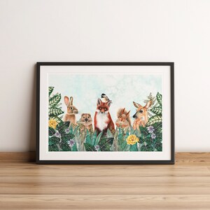 May include: A watercolor painting of a fox, rabbit, deer, and squirrel standing in a lush green forest with yellow flowers. The animals are surrounded by green leaves and branches.