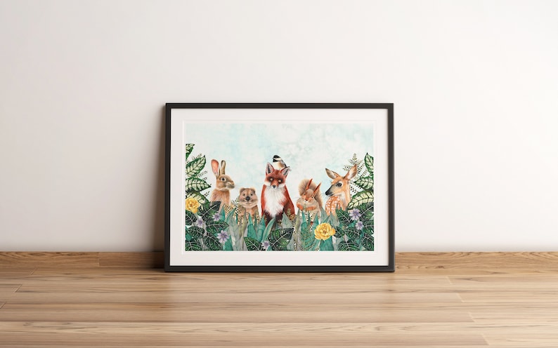 May include: A watercolor painting of a fox, rabbit, deer, and squirrel standing in a lush green forest with yellow flowers. The animals are surrounded by green leaves and branches.