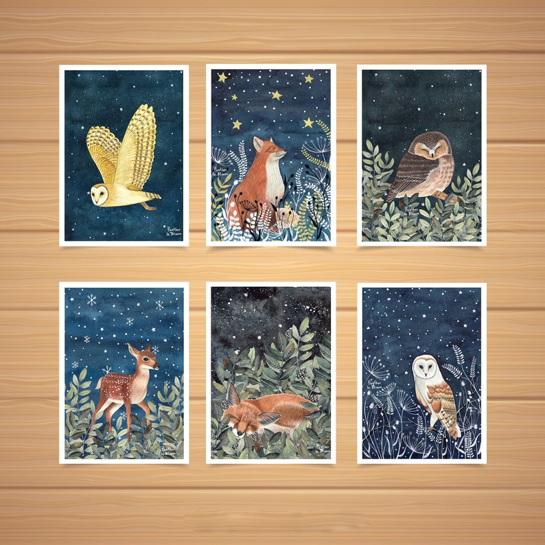 Christmas cards pack, Greeting cards set, 12 Holiday card, Forest animals, Animal illustration, Woodland prints, Owl cards, Winter art print zdjęcie 8