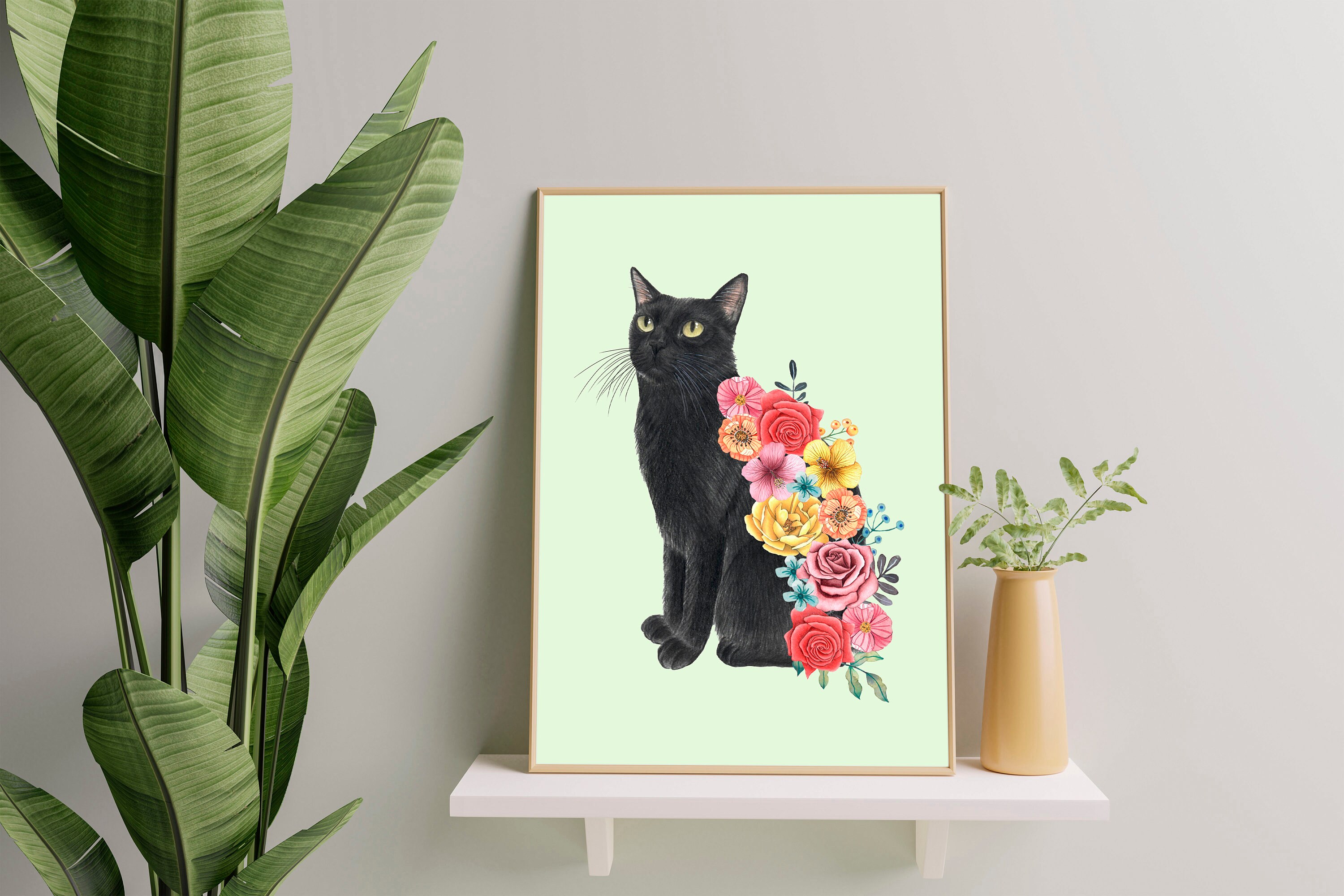原画#3097　黒猫　猫　薔薇　花　水彩画　ドローイング　インテリア　アート　絵 原画#3097 黒猫 猫 薔薇 花 水彩画 ドローイング インテリア