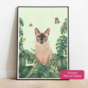 Siamese cat plants art print, Kitten illustration, Jungle cat prints, Monstera artwork, Urban jungle home decor, Kitty painting, Cats poster