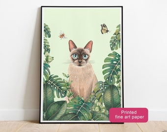 Siamese cat plants art print, Kitten illustration, Jungle cat prints, Monstera artwork, Urban jungle home decor, Kitty painting, Cats poster