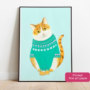 Stampa artistica da parete raffigurante un gatto con un maglione, illustrazione di un gatto rosso, stampa artistica di un gattino con un maglione, dipinto di un gatto soriano arancione, decorazione per la camera da letto di una ragazza adolescente.
