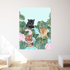 May include: A digital illustration of three wild cats in a jungle setting. A black panther, a tiger, and a leopard are peeking out from behind lush green leaves and pink and blue flowers.