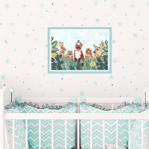 May include: A framed illustration of a fox, rabbit, deer, and squirrel standing in a forest setting. The animals are surrounded by green leaves and flowers. The background is a light blue sky with white clouds.