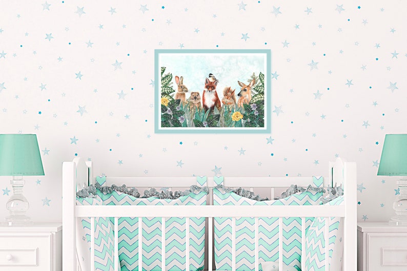 May include: A framed illustration of a fox, rabbit, deer, and squirrel standing in a forest setting. The animals are surrounded by green leaves and flowers. The background is a light blue sky with white clouds.