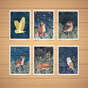 Christmas cards pack, 12 Greeting cards forest animals, starry sky painting, night animal artwork, Holiday card set, Illustrated cards image 7