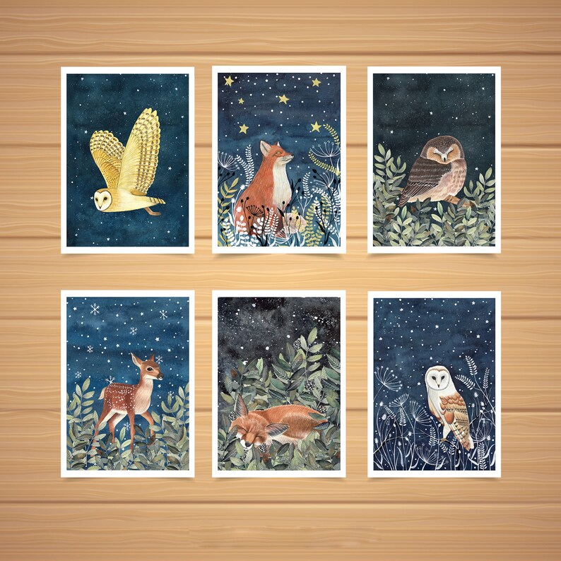 Christmas cards pack, 12 Greeting cards forest animals, starry sky painting, night animal artwork, Holiday card set, Illustrated cards image 7