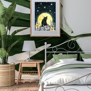 Black cat wall art, Mystic art print, Kitten illustration, Cat themed gifts, Magic painting, Pet portrait, Moon artwork, Fantasy prints image 9