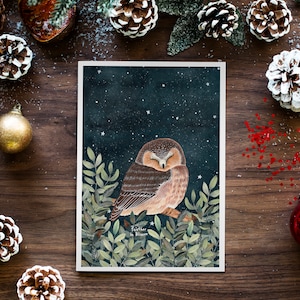Christmas cards pack, Greeting cards set, 12 Holiday card, Forest animals, Animal illustration, Woodland prints, Owl cards, Winter art print zdjęcie 6