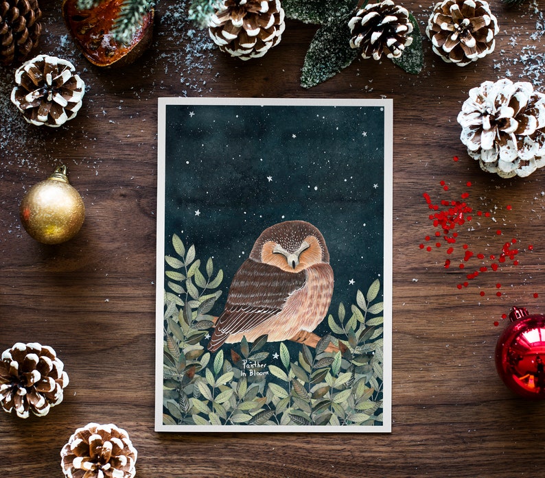 Christmas cards pack, Greeting cards set, 12 Holiday card, Forest animals, Animal illustration, Woodland prints, Owl cards, Winter art print zdjęcie 6