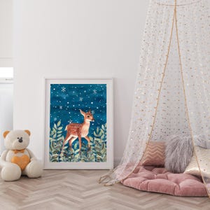 Deer Art Print: Woodland Painting, Winter Poster, Baby Nursery Decor image 9