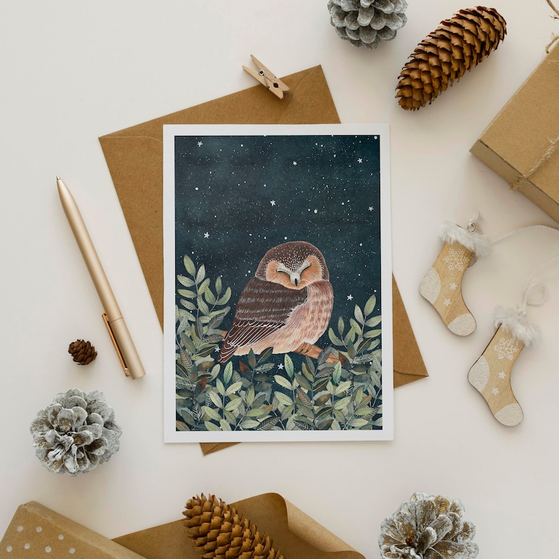 Christmas Card Pack, Set 12 holiday cards, Forest animals greeting cards, Winter illustration, Woodland art print, Fox artwork, Owl painting image 5