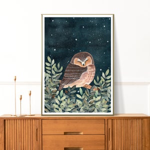 May include: A watercolor painting of an owl sleeping in a tree with a starry night sky background. The owl is brown and white with its eyes closed. The tree is green with leaves. The stars are white and scattered across the dark blue sky.