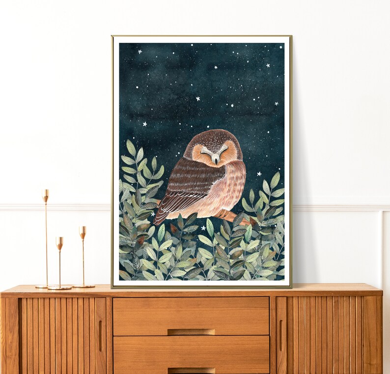 May include: A watercolor painting of an owl sleeping in a tree with a starry night sky background. The owl is brown and white with its eyes closed. The tree is green with leaves. The stars are white and scattered across the dark blue sky.