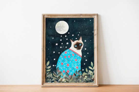 Siamese Cat Art Print: Japanese Kimono, Night Sky Poster