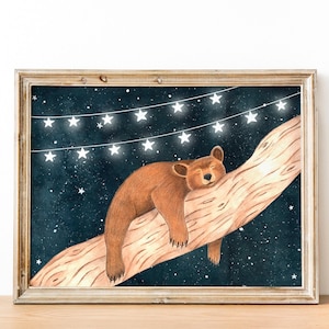 Nursery wall art bear, Woodland painting, Forest baby illustrations, Starry sky poster, Kids bedroom decor, Playroom artwork, Nature prints