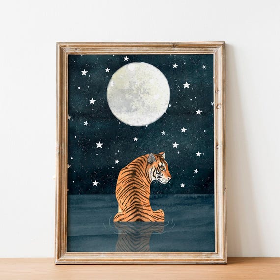 Tiger Art Print: Celestial Jungle Painting, Moon Nursery Decor