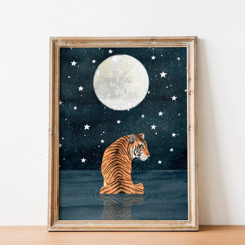 Tijgerkunstdruk: schilderij hemelse jungle, maan kinderkamerdecoratie afbeelding 1
