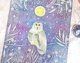 Owl Original Art, Watercolor and Gouache Painting, Woodland Illustration, Forest Magical Artwork
