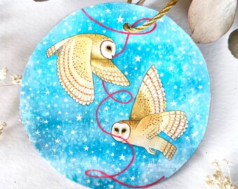 Couple Owl Christmas Ornament, Christmas Ornaments,  Bird Painting, Red Thread Art, Holiday Gifts