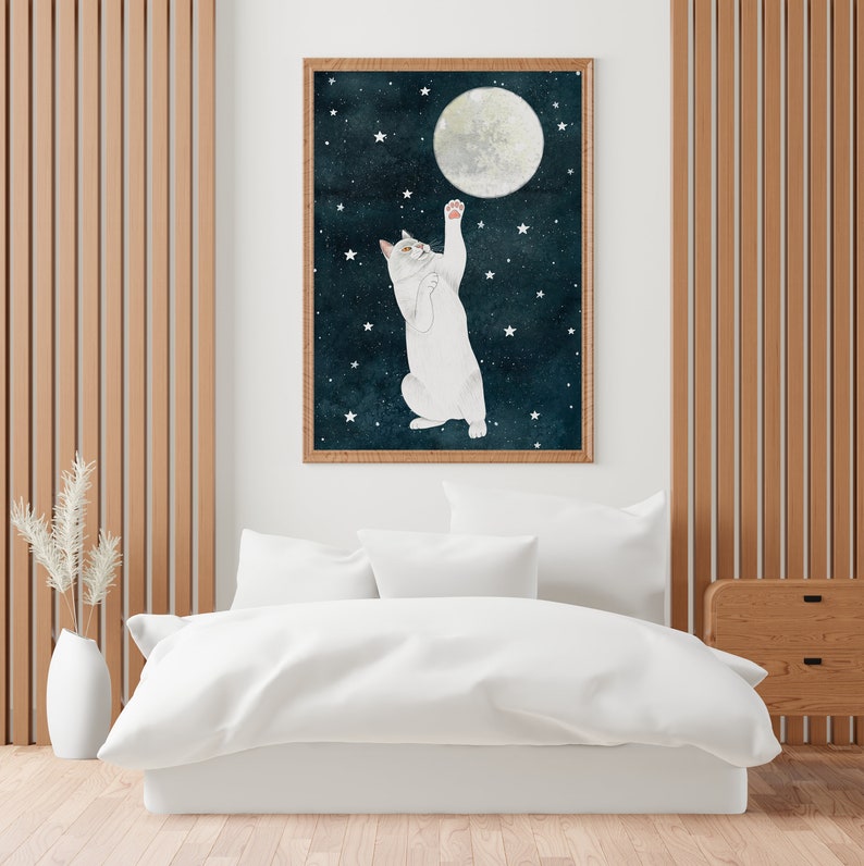 Cat and moon print, White cat painting, Kitten wall art, Animal illustration, Pet portrait, Moon artwork, Celestial wall decor, Kids poster image 10
