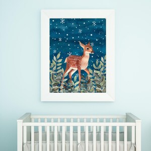 Deer Art Print: Woodland Painting, Winter Poster, Baby Nursery Decor image 4