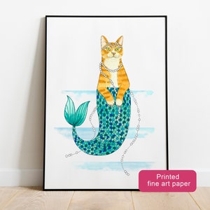 Stampa di gatto Purrmaid, dipinto di gatto sirena, stampa murale di gatto rosso, poster di gatti, illustrazione di gattino, stampa artistica di gatto arancione, regali a tema gatto