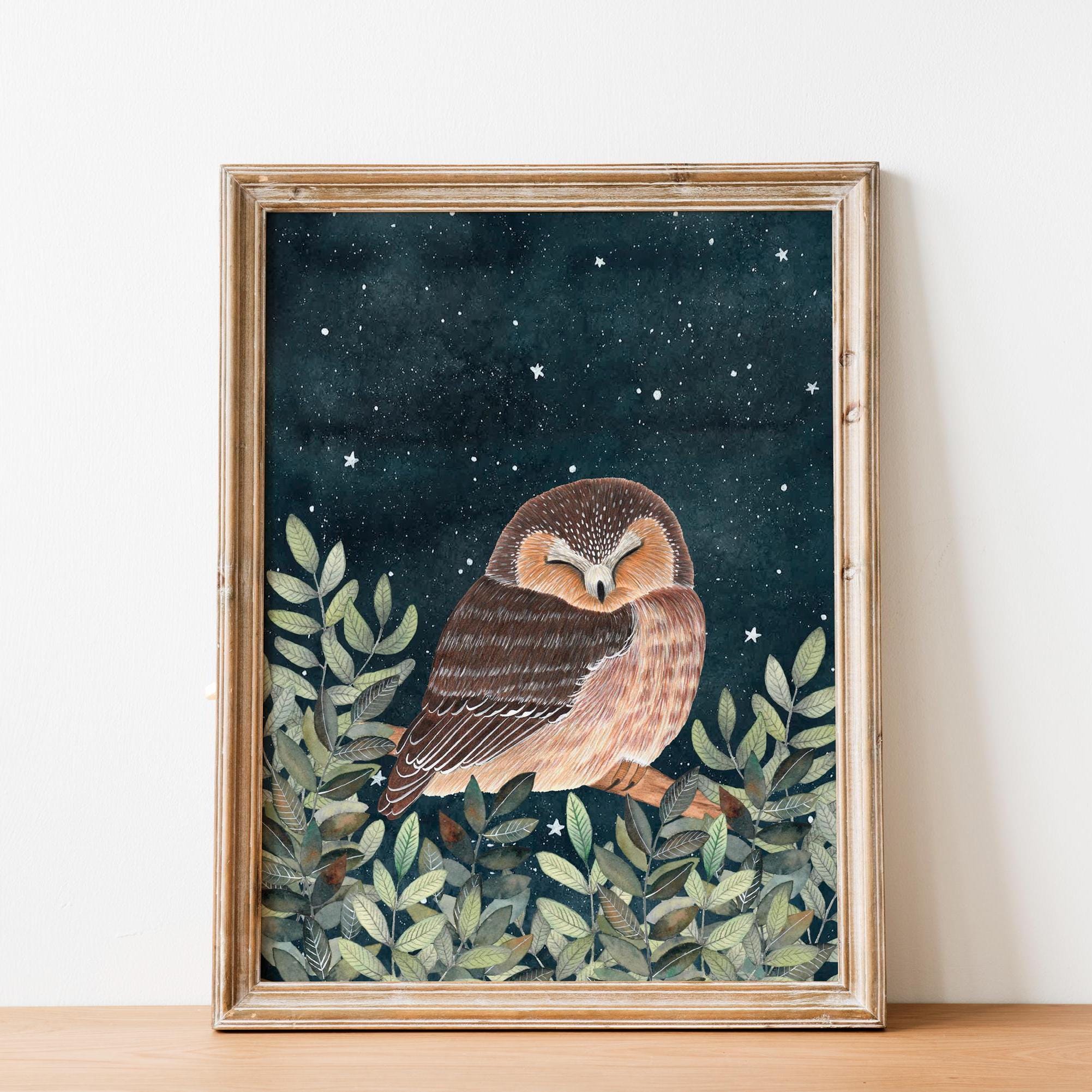 Owl Painting: Forest Animal Wall Art, Celestial Nursery Decor, Woodland Animals