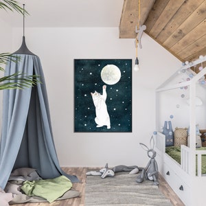 Cat and moon print, White cat painting, Kitten wall art, Animal illustration, Pet portrait, Moon artwork, Celestial wall decor, Kids poster image 3