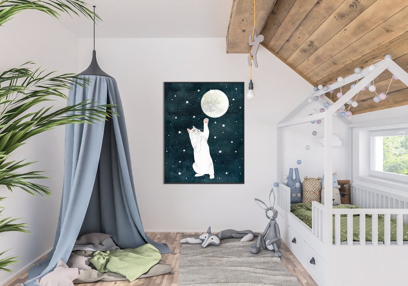 Cat and moon print, White cat painting, Kitten wall art, Animal illustration, Pet portrait, Moon artwork, Celestial wall decor, Kids poster image 3