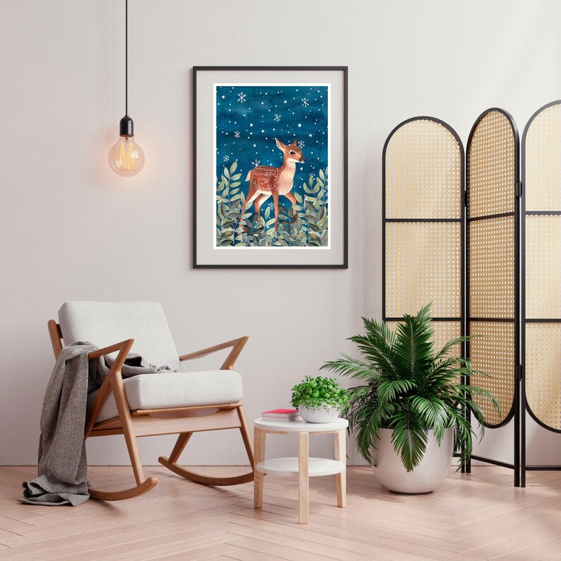 Deer Art Print: Woodland Painting, Winter Poster, Baby Nursery Decor image 10
