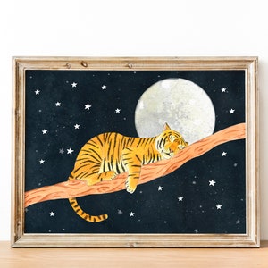 Stampa artistica di tigre, illustrazione di animali, dipinto della giungla, opera d'arte della luna, animali del safari, poster di tigri, stampe per la cameretta dei bambini, decorazioni murali per neonati