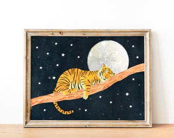 Tiger Art Print: Moonlit Jungle Animal Illustration, Nursery Decor